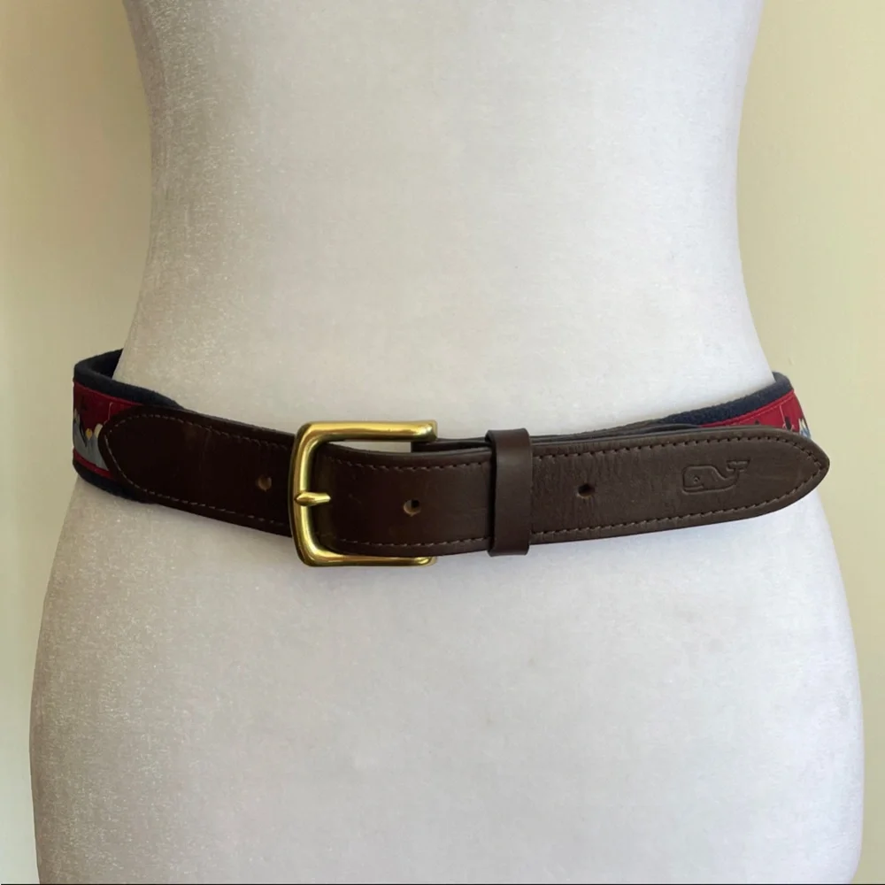 VINEYARD VINES Men's Ski Print Blue Brown Leather Canvas Belt Gold Buckle 30